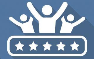 figures celebrating success above 5 white stars