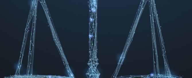 A weighing scale rendered in blue light against a dark background.