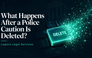 Glowing DELETE key dissolving into teal particles, representing the deletion of a police caution.
